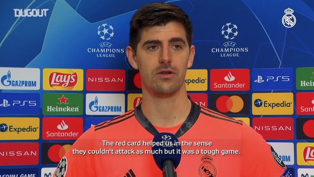 Thibaut Courtois was pleased after Real Madrid's win at Atalanta. DUGOUT