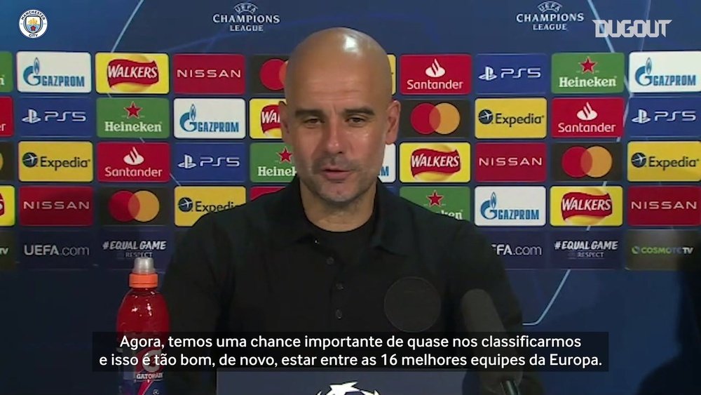 Pep Guardiola falou com a imprensa antes do duelo entre Manchester City e Olympiacos. DUGOUT