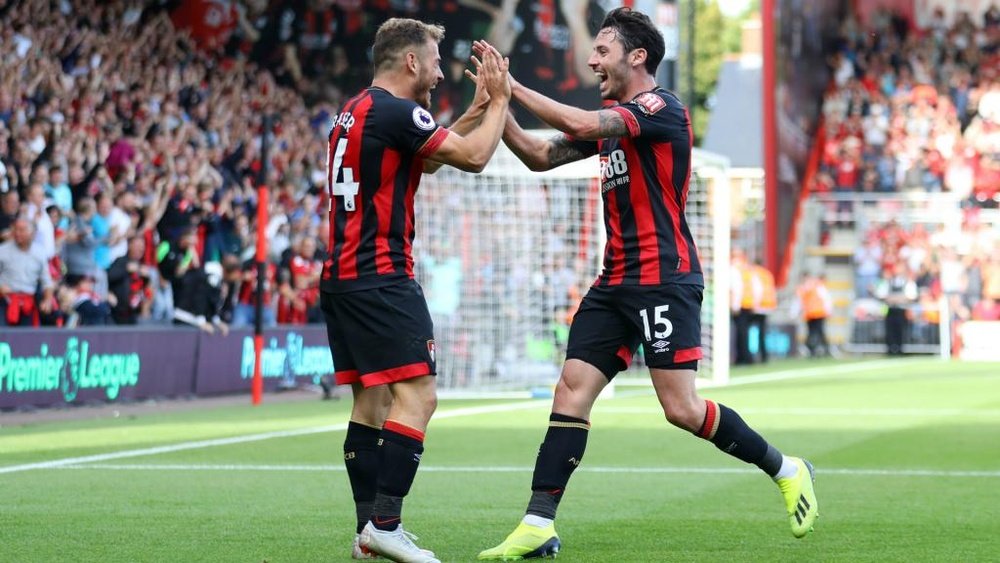 Ryan Fraser and Adam Smith celebrate against Leicester. GOAL