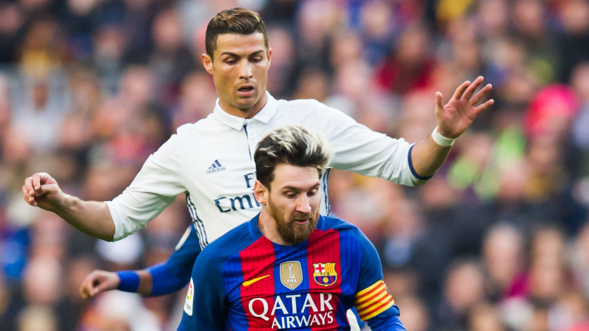 Cristiano Ronaldo challenges Lionel Messi in El Clasico. Goal