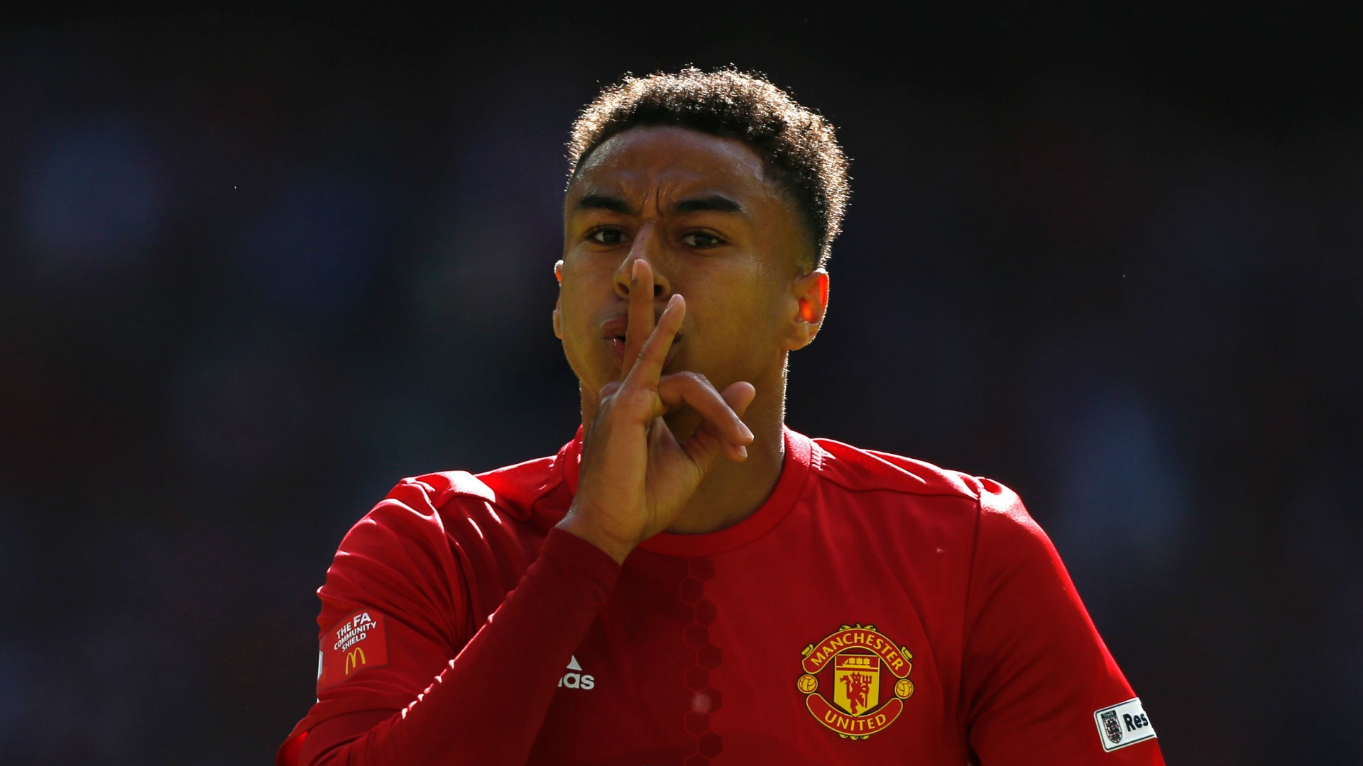 Lingard celebrates his goal in the Community Shield final. Goal