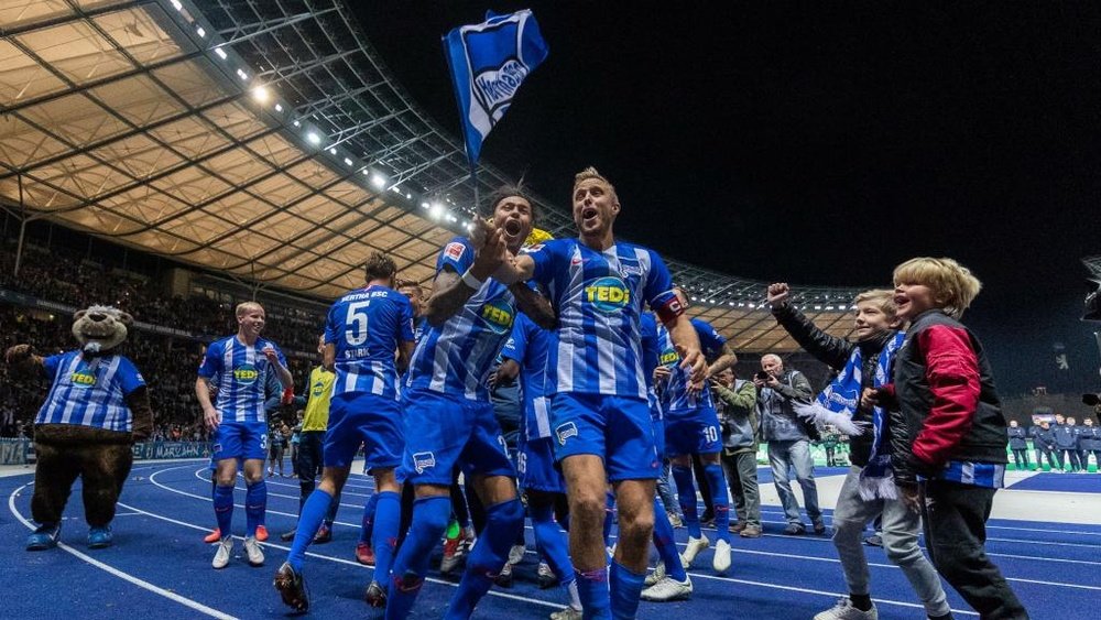 Hertha celebrate their victory over Bayern Munich. GOAL