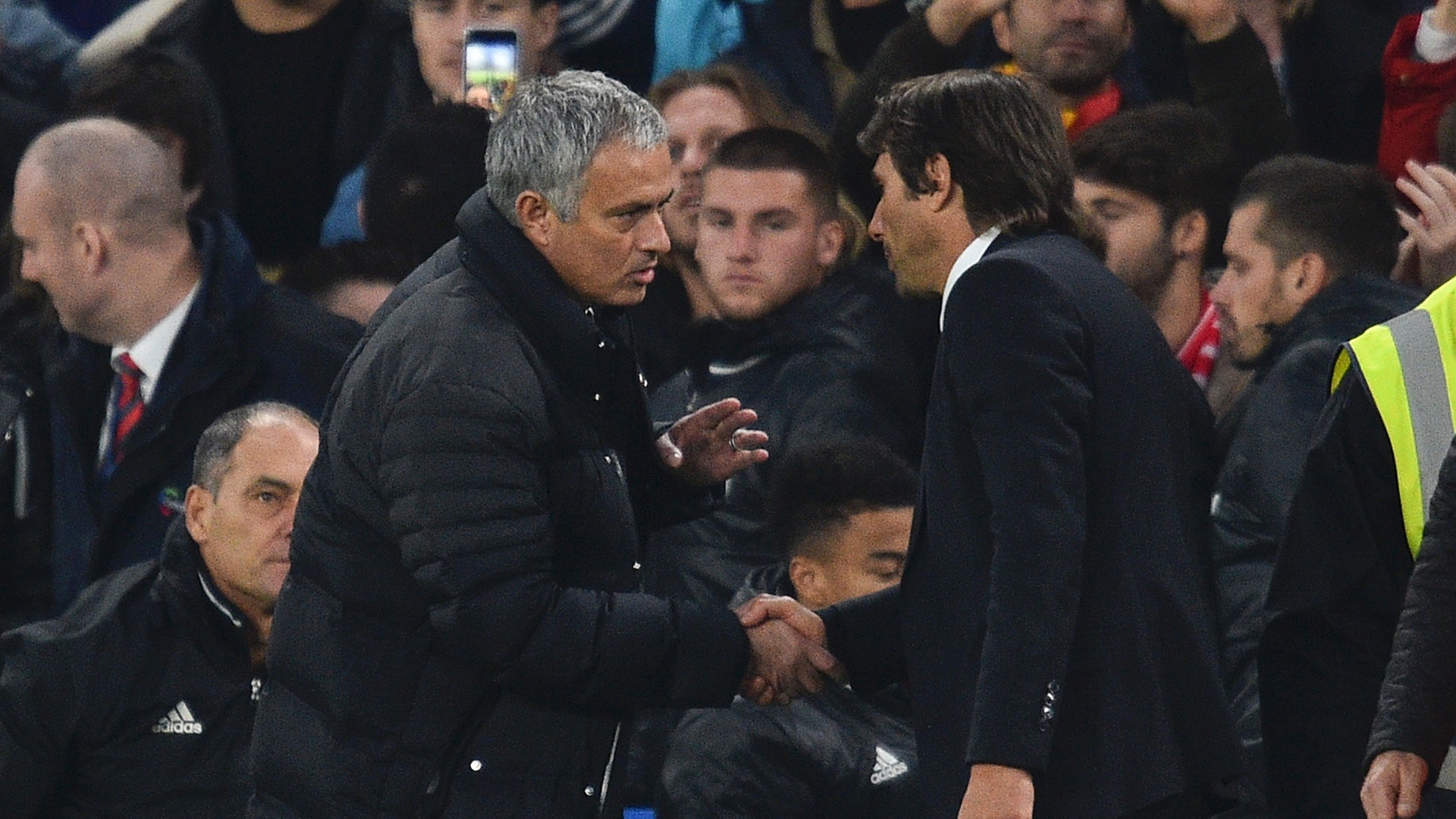 Jose Mourinho (L) has words with current Chelsea boss Antonio Conte. Goal