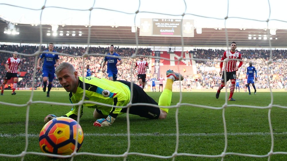 Leicester goalkeeper Kasper Schmeichel immediately after a Southampton goal. Goal