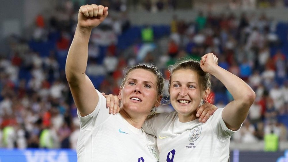 Millie Bright (L) was delighted after England made the semi-finals. GOAL