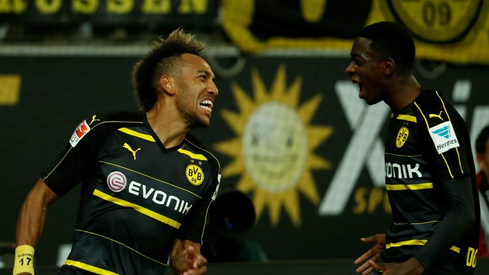 Pierre-Emerick Aubameyang et Ousmane Dembele dans un match avec Borussia Dortmund. AFP