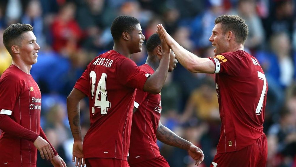 Rhian Brewster (2nd L) scored twice in Liverpool's 6-0 thrashing of Tranmere. GOAL