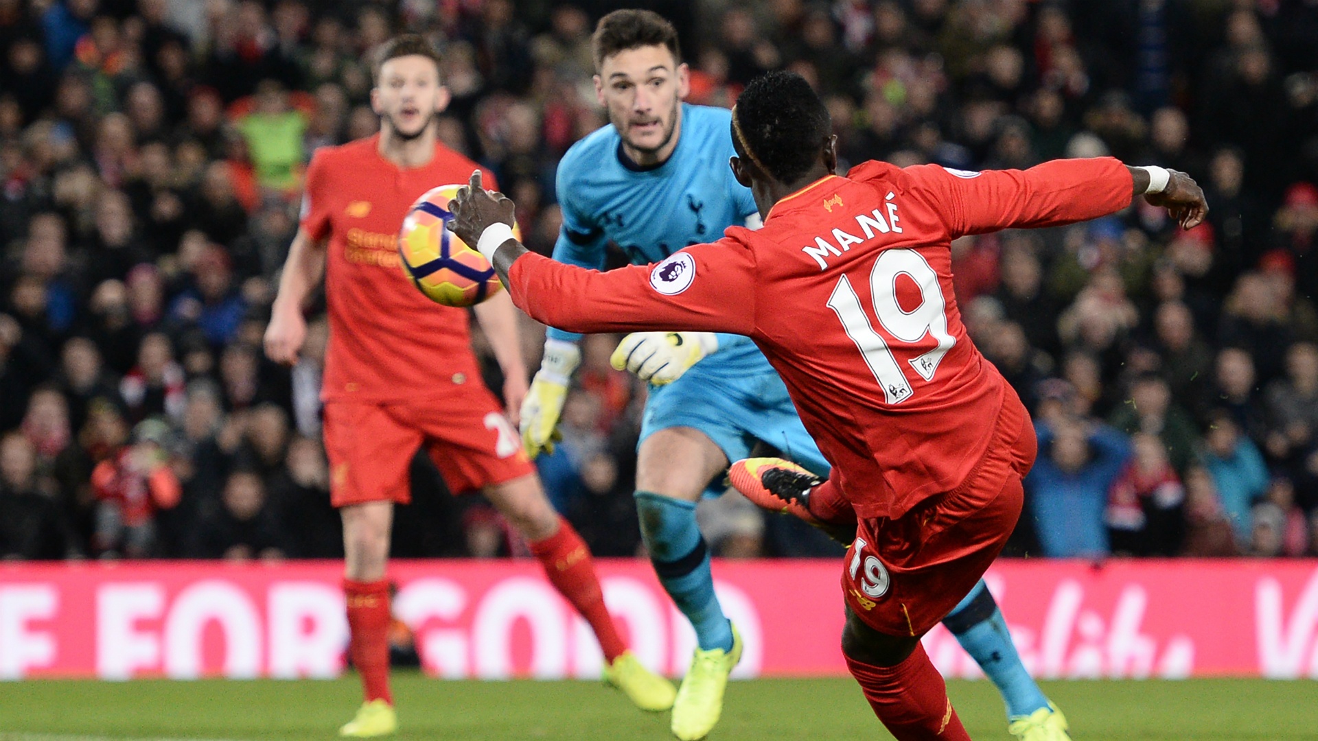 Sadio Mane scoring the second of his two goals against Tottenham. Goal
