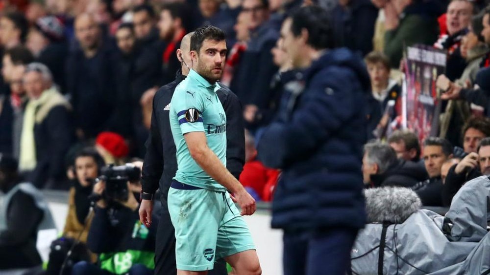 Sokratis was sent off in the defeat to Rennes. GOAL