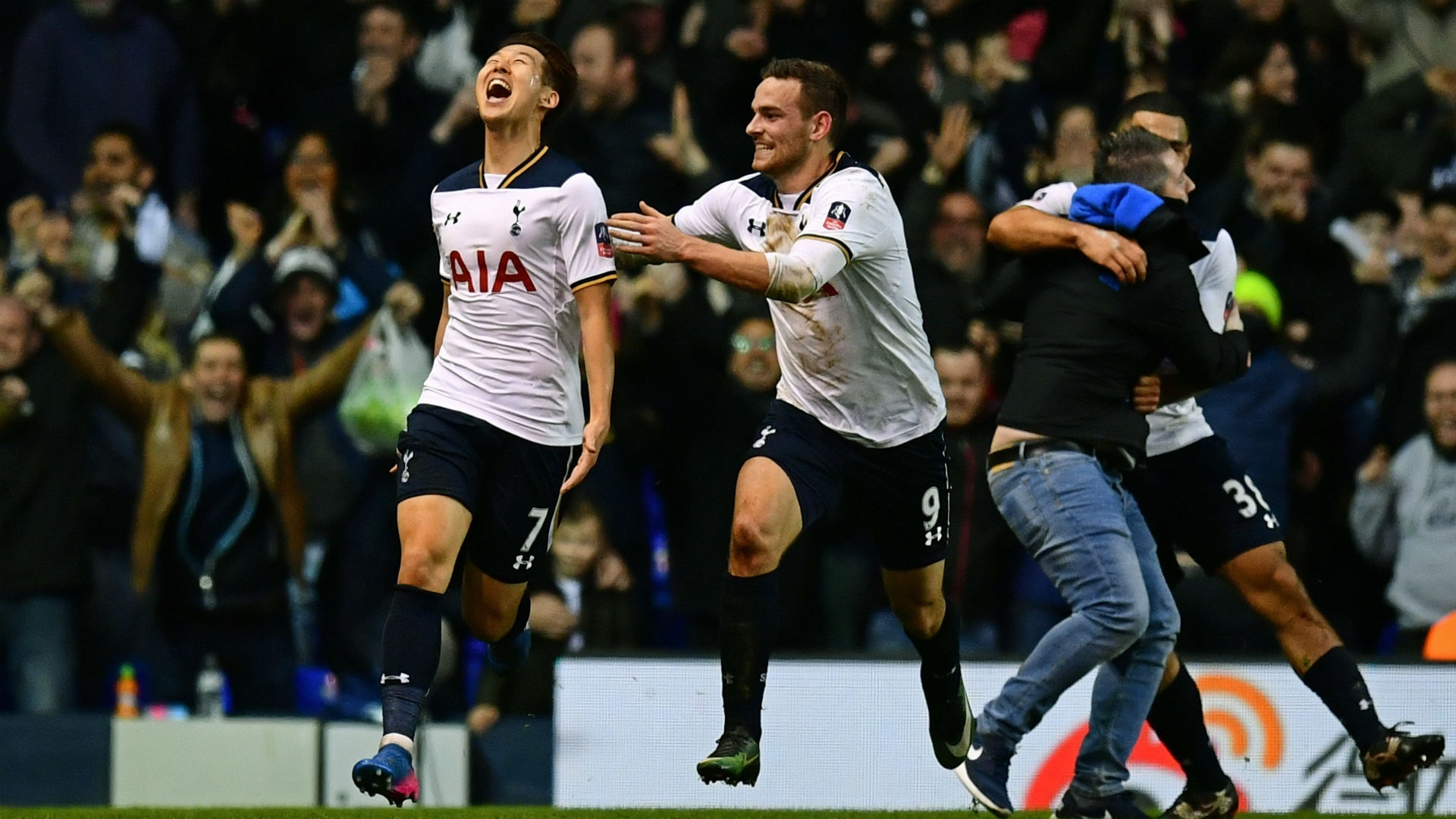 Son celebrating his game-winner. Goal
