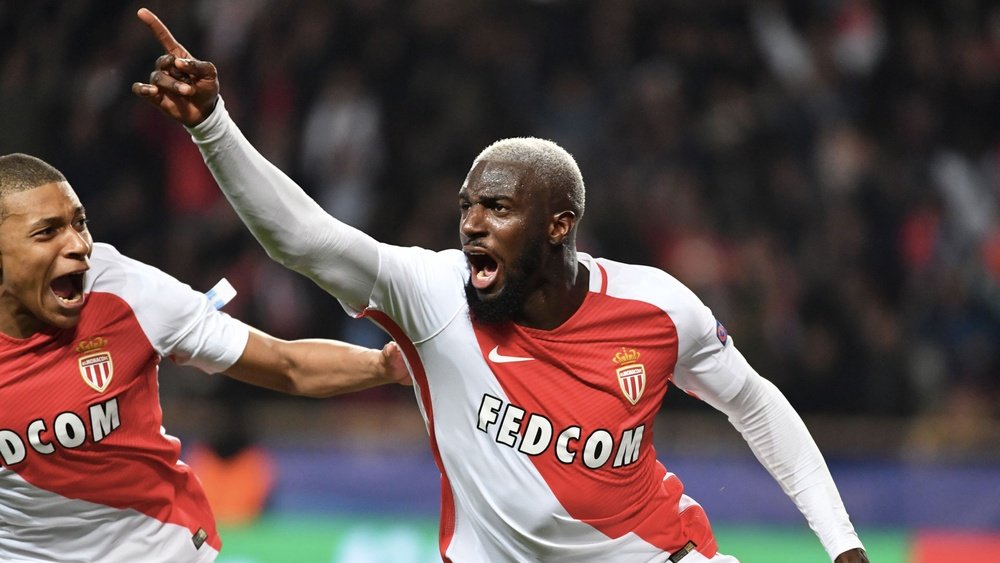 Tiemoué Bakayoko célèbre un but avec Monaco en Ligue des champions. AFP