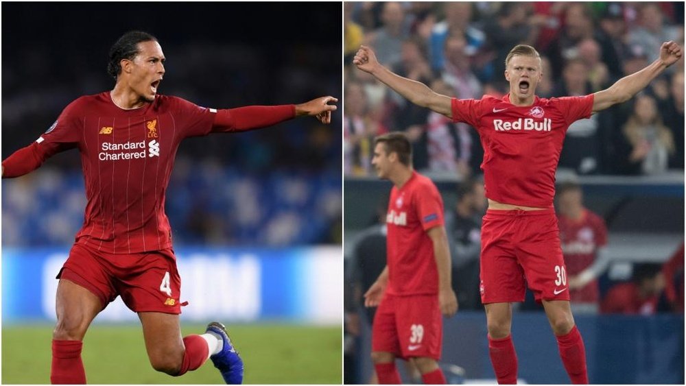 Salzburg phenomenon Haaland out to 'trick' Liverpool's Van Dijk. Goal