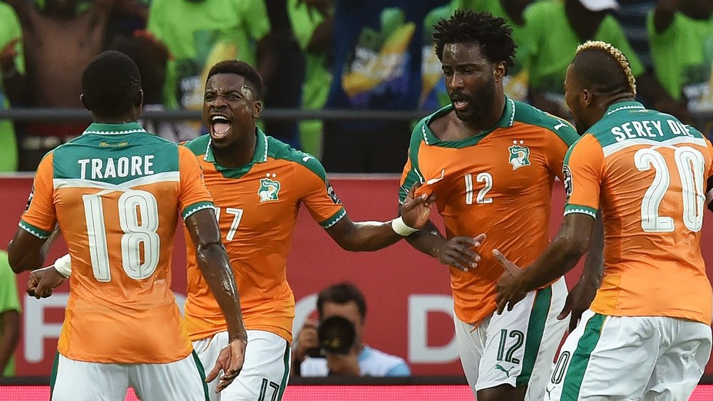 Wilfried Bony celebrating with his Ivory Coast team-mates. Goal